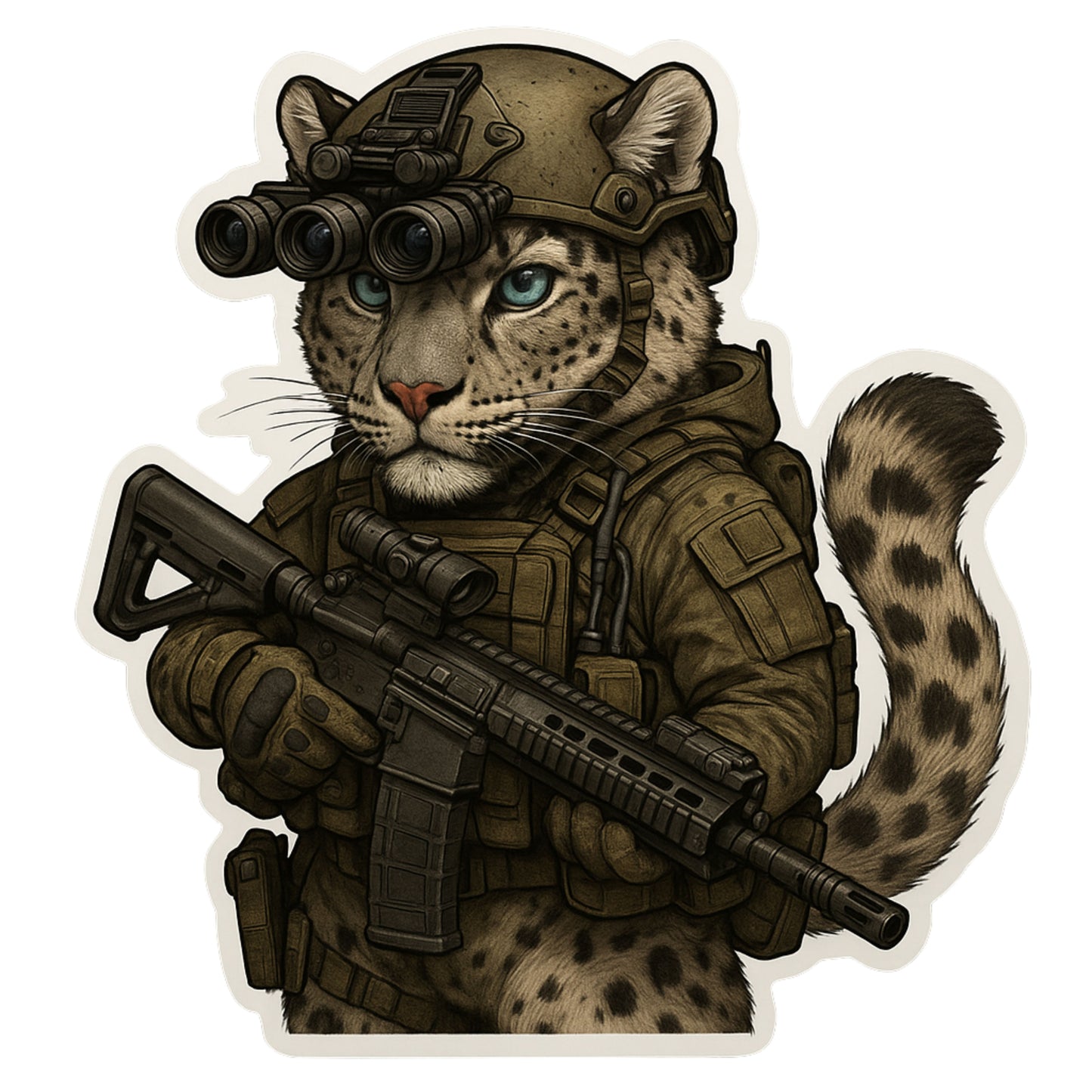 Tactical Snow Leopard Sticker, Cat, tactical, Snow Leopard, operator, Tactical gear, sticker, decal, cat lover, rifle, military, police, big cats