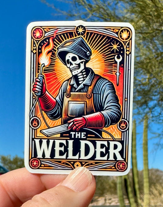 The Welder, Tarot Card inspired Skeleton Welder Sticker, iron worker, tarot card, sticker, psychic