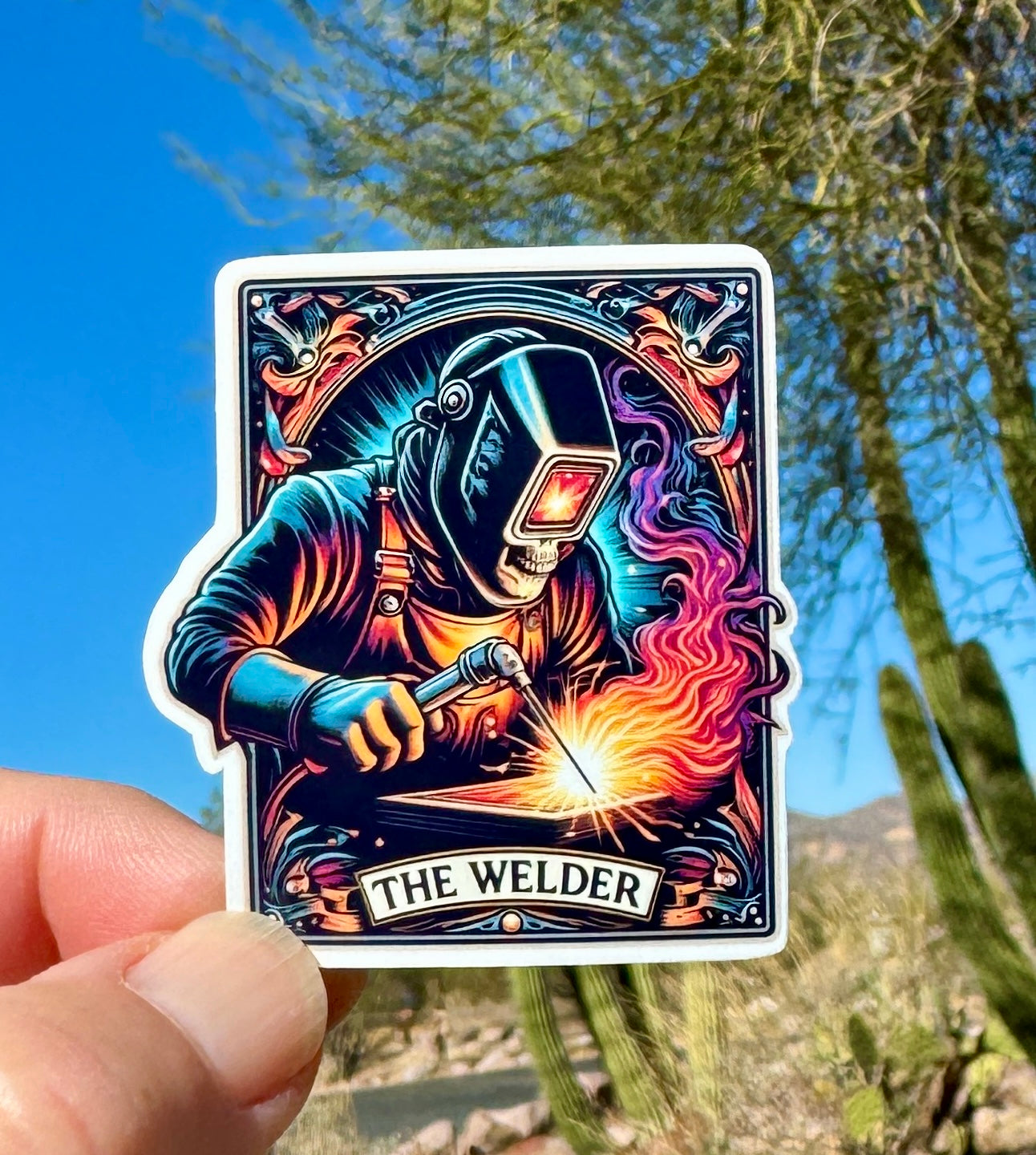 The Welder, Tarot Card inspired Skeleton Welder Sticker, iron worker, tarot card, sticker, psychic