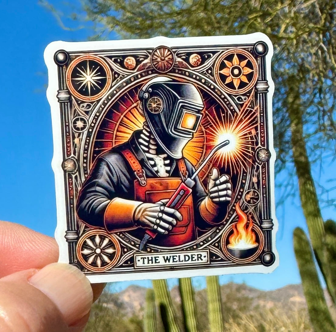 The Welder, Tarot Card inspired Skeleton Welder Sticker, iron worker, tarot card, sticker, psychic