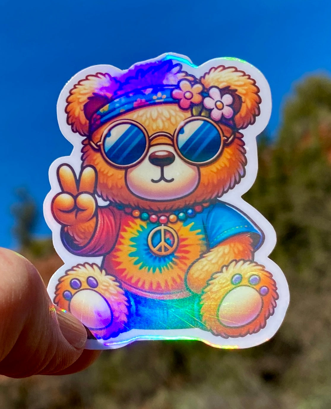 Holographic Hippie Teddy Bear Sticker, sticker, tie-dyed, teddy bear, colorful bear, animal sticker,peace, retro, hippie, holographic,groovy