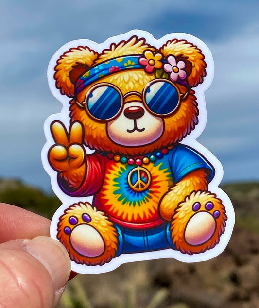 Holographic Hippie Teddy Bear Sticker, sticker, tie-dyed, teddy bear, colorful bear, animal sticker,peace, retro, hippie, holographic,groovy