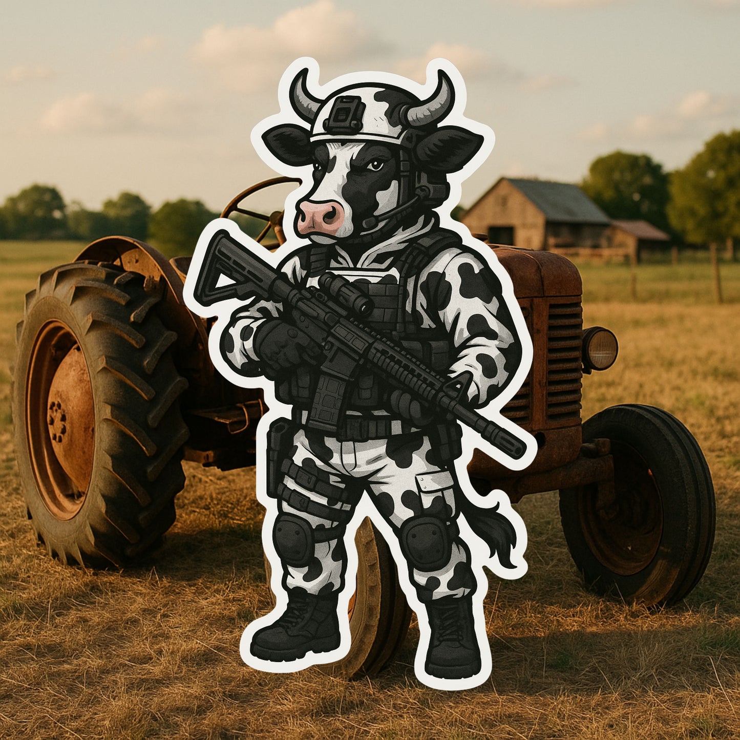 Tactical Cow Sticker, Tactical Cow, tactical, Cattle, operator, Tactical gear, sticker, rifle, military, police, gear, shooter, bessie, farm
