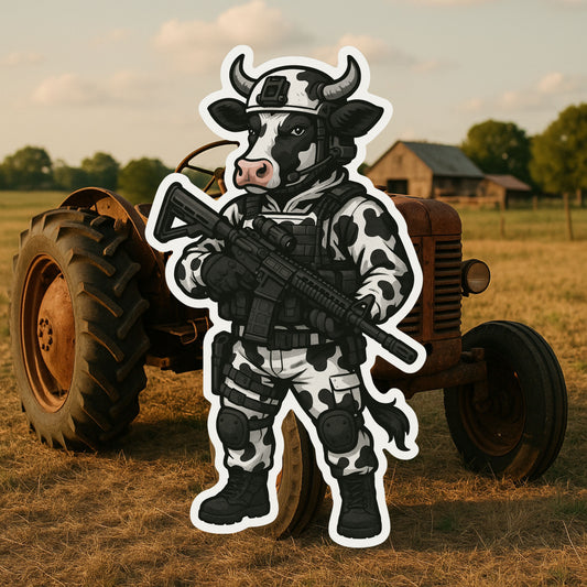 Tactical Cow Sticker, Tactical Cow, tactical, Cattle, operator, Tactical gear, sticker, rifle, military, police, gear, shooter, bessie, farm