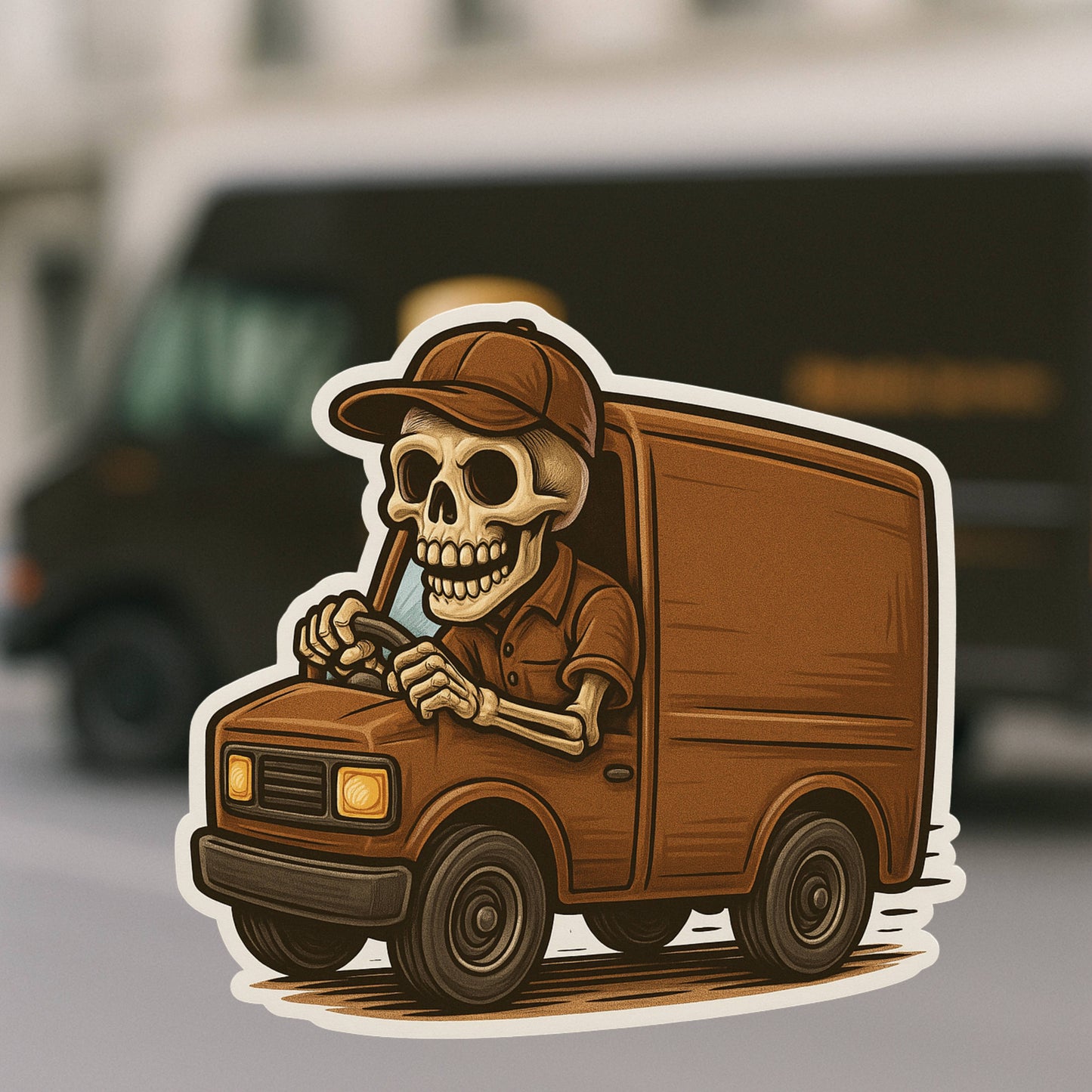 Skeleton UPS Delivery person Sticker, sticker, Postman,UPS, Brown, mail, post office, delivery person, mail delivery, USPS, Postal worker, Postal, package, parcel (Copy)