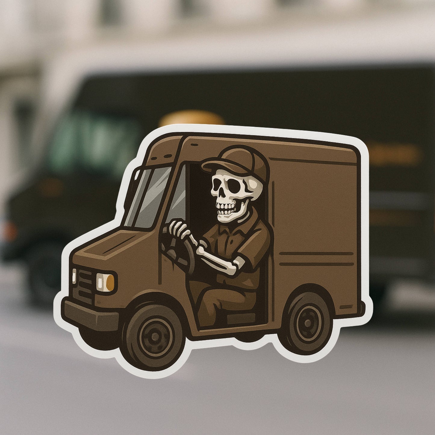 Skeleton UPS Delivery person Sticker, sticker, Postman,UPS, Brown, mail, post office, delivery person, mail delivery, USPS, Postal worker, Postal, package, parcel (Copy)
