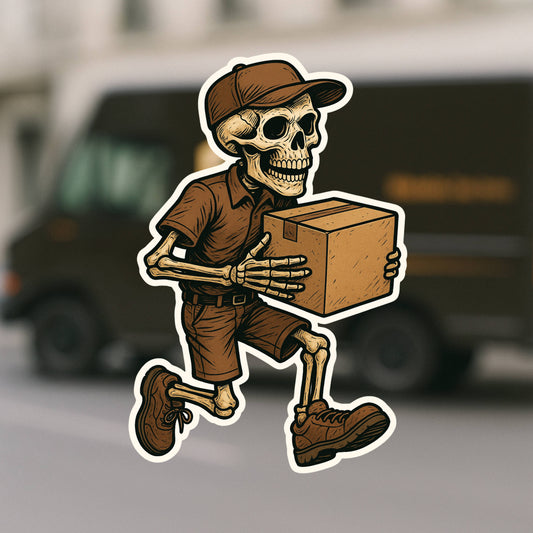 Skeleton UPS Delivery person Sticker, sticker, Postman,UPS, Brown, mail, post office, delivery person, mail delivery, USPS, Postal worker, Postal, package, parcel