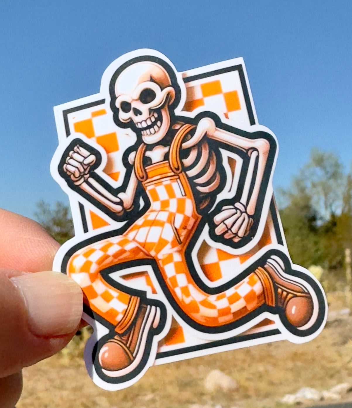 Skeleton wearing orange and white checkered overalls Sticker.  UT Vols fan, Big Orange, Tennessee, Vols, Sticker, Decal, Tennessee Football