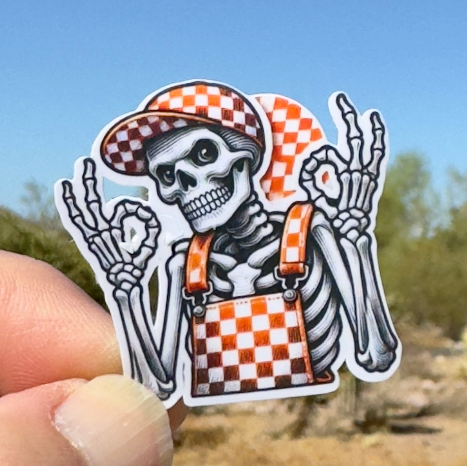 Skeleton wearing orange and white checkered overalls Sticker.  UT Vols fan, Big Orange, Tennessee, Vols, Sticker, Decal, Tennessee Football