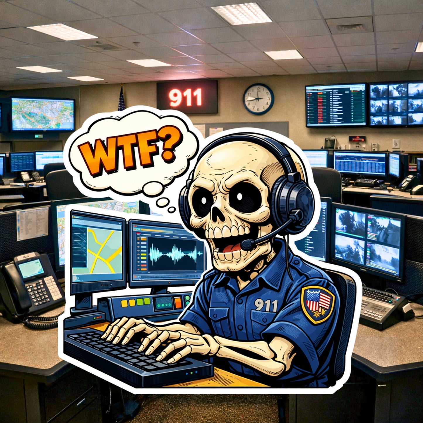 911 Dispatcher WTF Sticker: Anime or Skeleton Emergency Operator Vinyl Decal