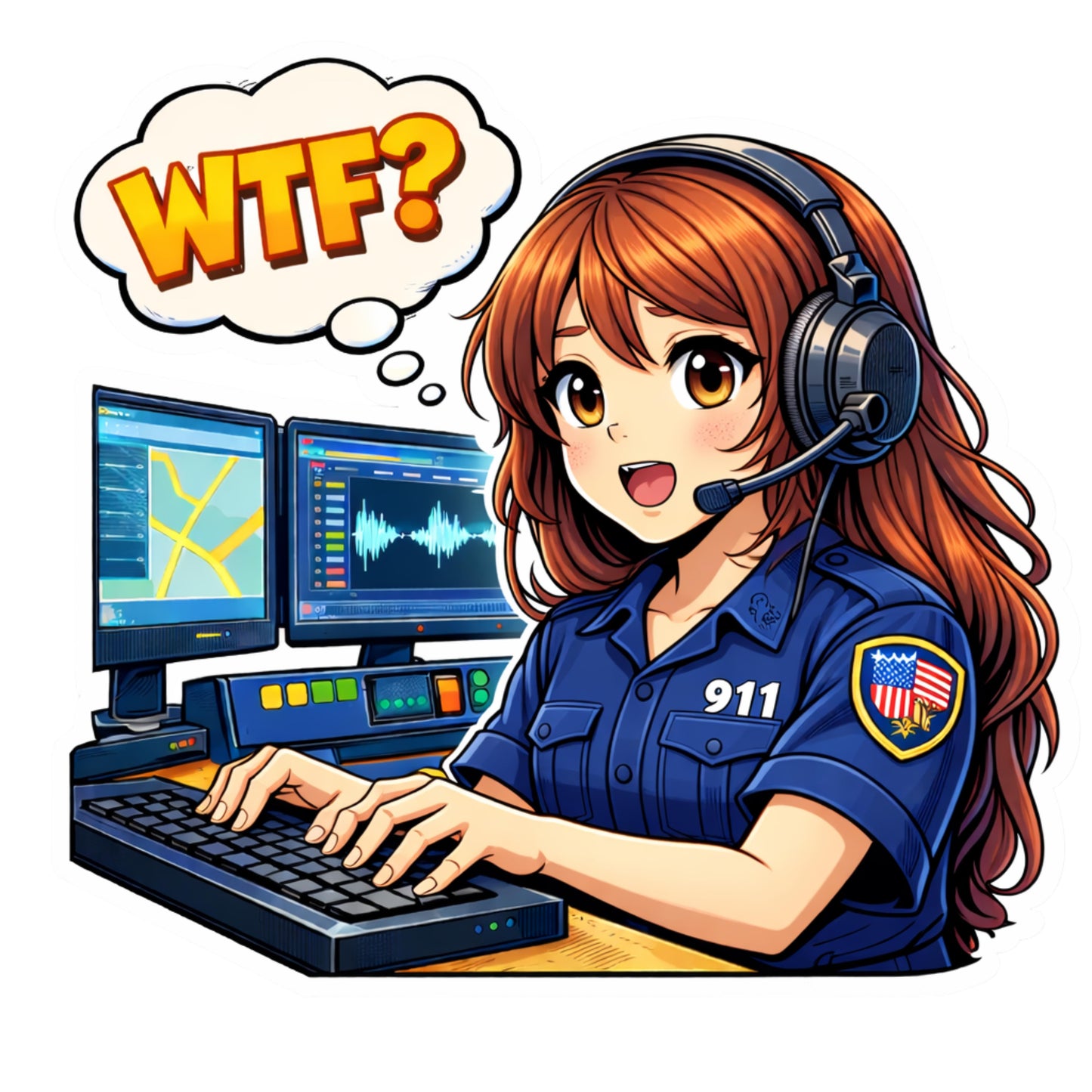 911 Dispatcher WTF Sticker: Anime or Skeleton Emergency Operator Vinyl Decal