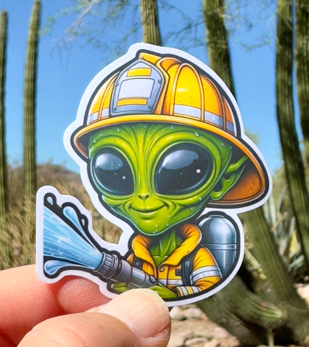 Alien Firefighter Sticker, firefighter, bunker gear, fireman, fire department, smoke, skeleton, sticker, alien, fire hose, space,fire helmet