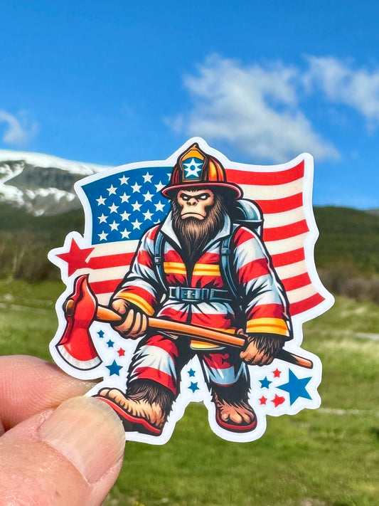 American Pride Bigfoot Sticker, firefighter, bunker gear, fireman, ax, first responder, Bigfoot Firefighter, hero, firehouse, sticker, fire