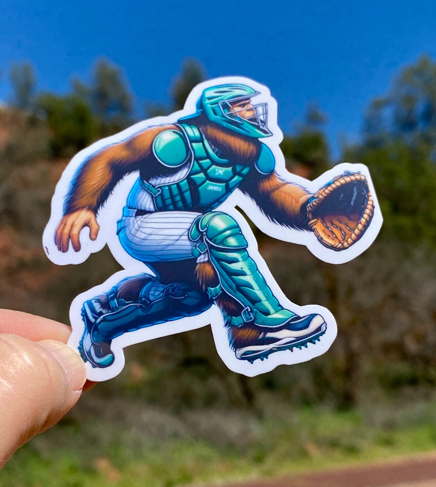 Bigfoot Baseball Catcher Sticker, Catcher, Baseball, Catchers mitt, Bigfoot, little league, sticker, play ball, Sports Sticker,catchers mask