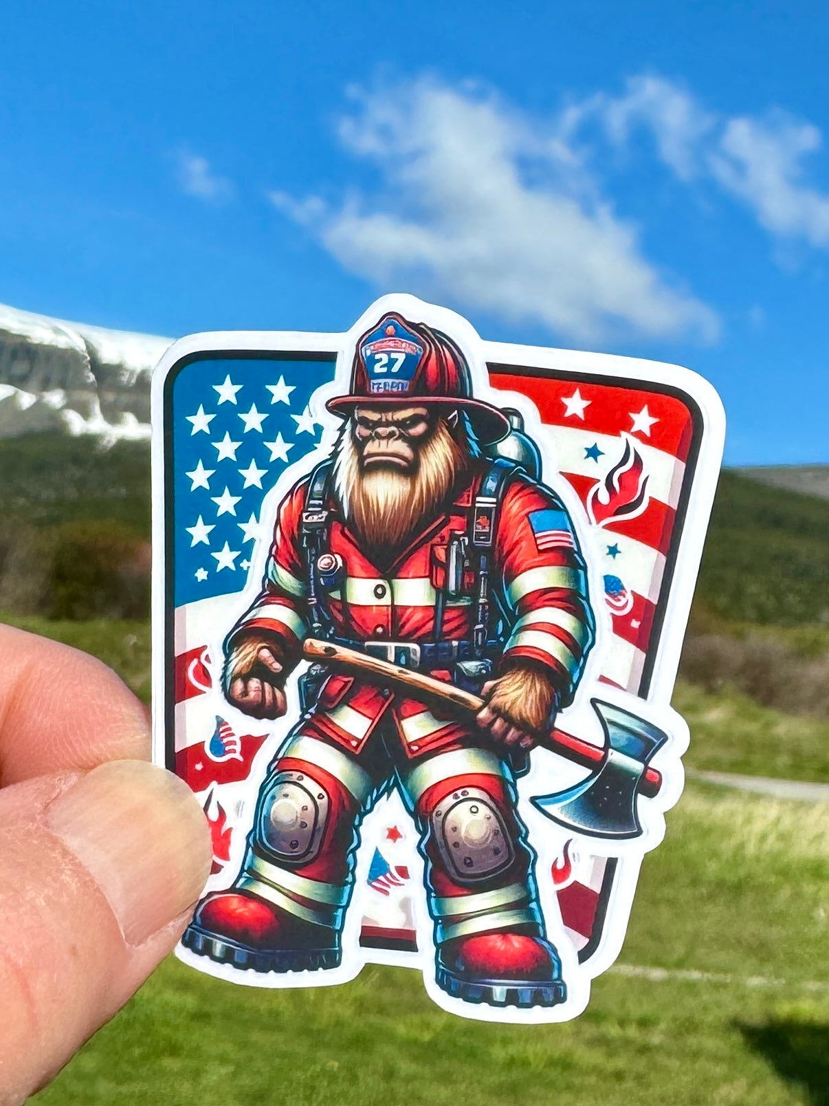 American Pride Bigfoot Sticker, firefighter, bunker gear, fireman, ax, first responder, Bigfoot Firefighter, hero, firehouse, sticker, fire