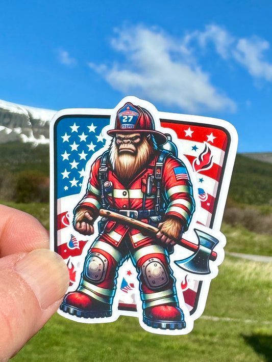American Pride Bigfoot Sticker, firefighter, bunker gear, fireman, ax, first responder, Bigfoot Firefighter, hero, firehouse, sticker, fire