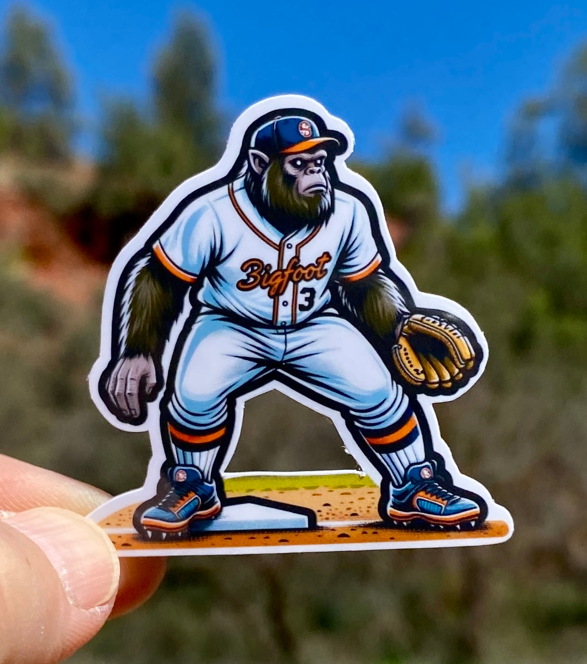 Bigfoot Baseball Sticker, Baseball, Baseball glove, Bigfoot, little league, sticker, play ball, home run, Pitcher, Baseball Pitcher, strike