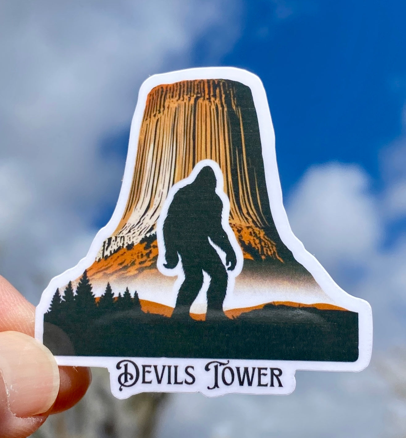 Bigfoot Hiking by Devils Tower Sticker, Devils Tower, Wyoming, Bigfoot, hiking, sticker, Bigfoot Wyoming, Hiking Adventure, Sasquatch, hike