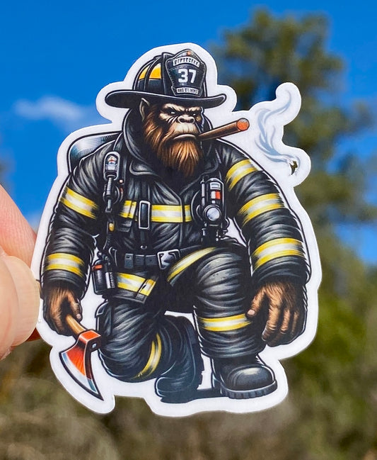 Bigfoot Firefighter smoking a cigar Sticker, firefighter, fireman, Bigfoot, smoke eater, fire department, hero, firehouse, sticker, cigar