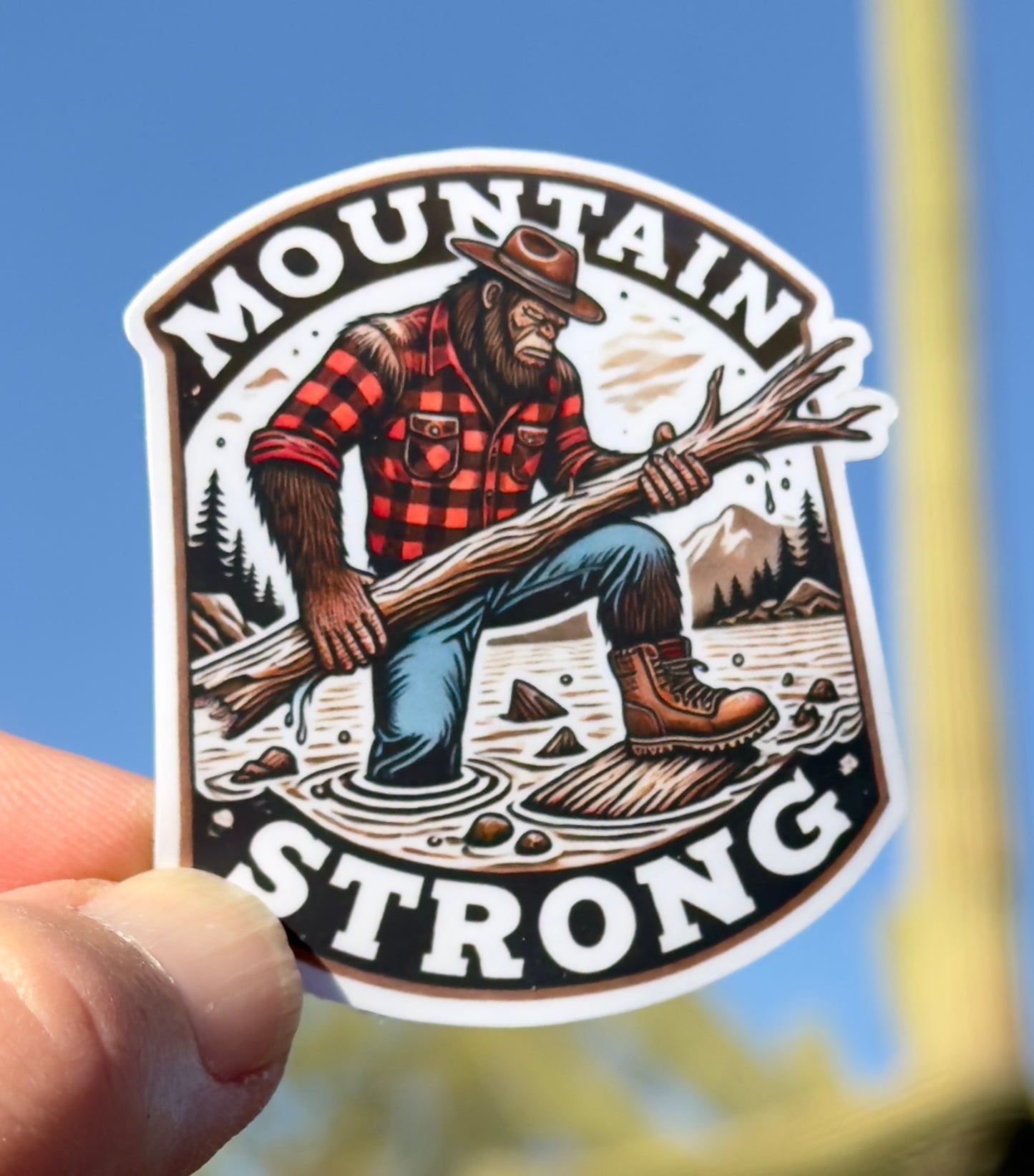 BigfootMountain Strong Sticker, Bigfoot, North Carolina, Mountain Strong, Bigfoot cleaning up after flood, Sticker, Furry, Sasquatch, flood