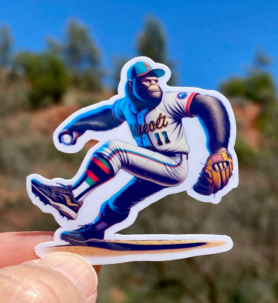 Bigfoot Baseball Sticker, Baseball, Baseball glove, Bigfoot, little league, sticker, play ball, home run, Pitcher, Baseball Pitcher, strike