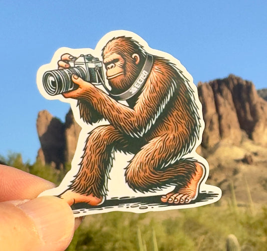 Bigfoot Photographer Sticker, camera, photographer, digital camera, Bigfoot,  photography, sticker, cryptid, camera gear, photo bug, gear