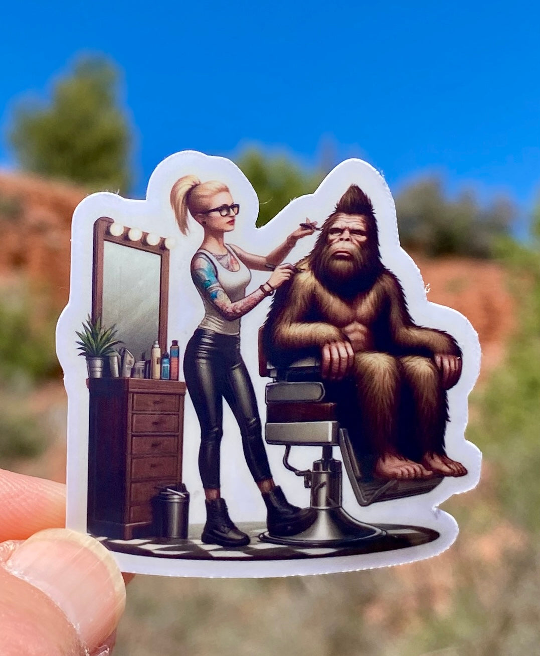 Bigfoot getting a haircut from a female hair stylist Sticker, Bigfoot, Barbershop, haircut, Sticker, Barber,Furry,Sasquatch,grooming,stylist