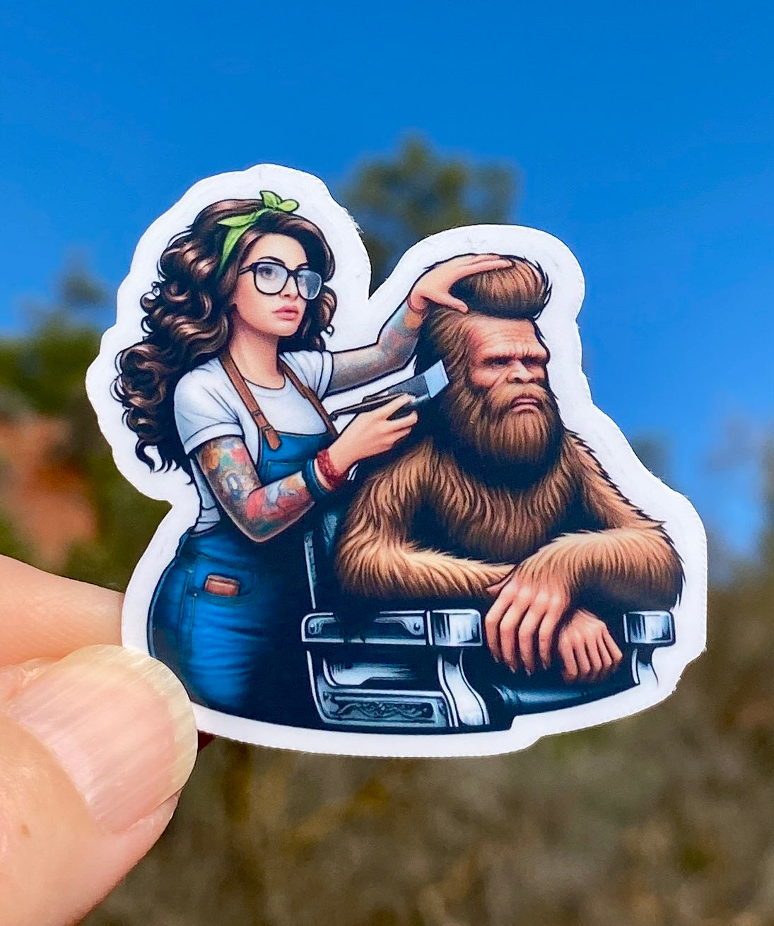 Bigfoot getting a haircut from a female hair stylist Sticker, Bigfoot, Barbershop, haircut, Sticker, Barber,Furry,Sasquatch,grooming,stylist