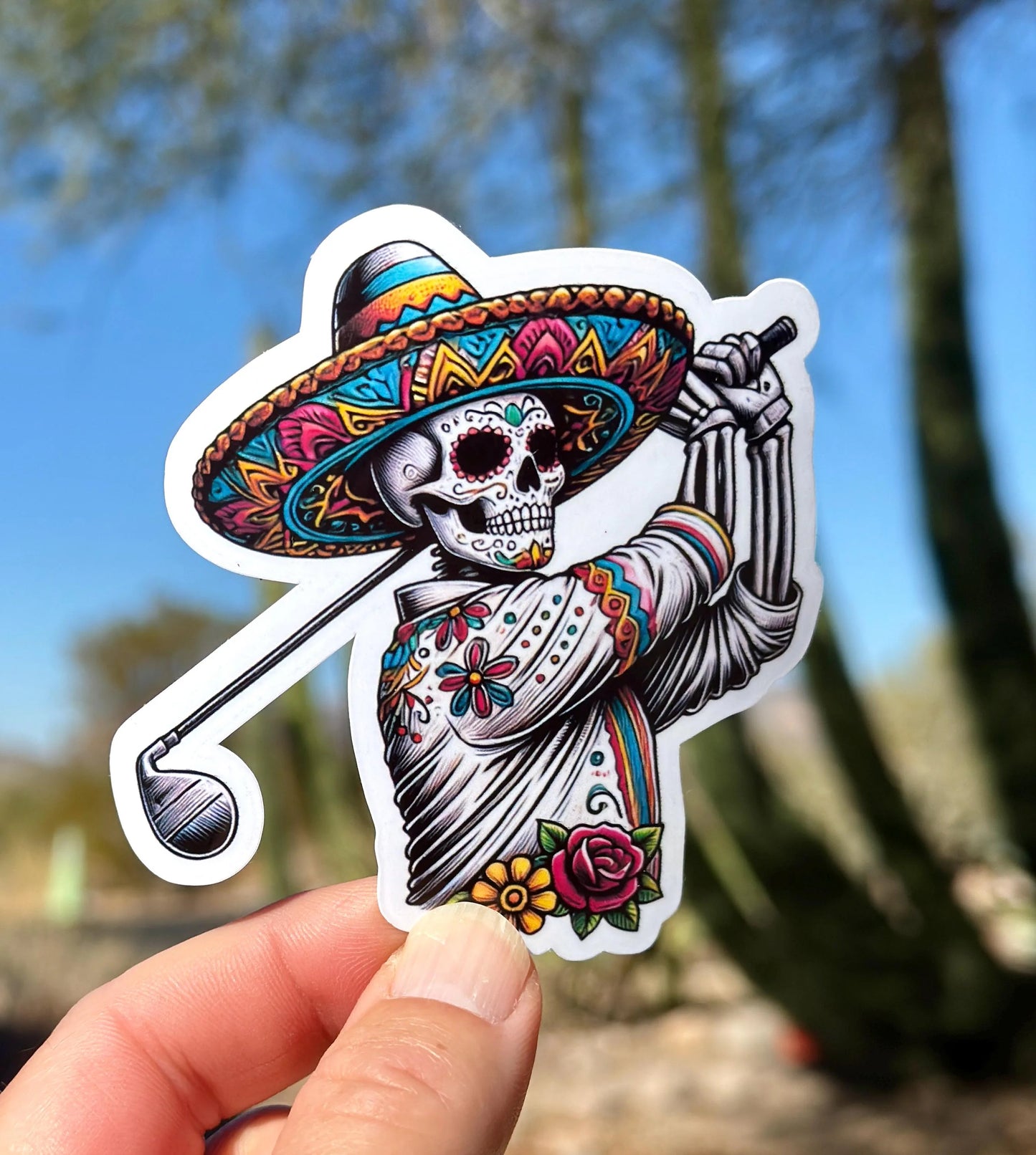 Day of the Dead Skeleton Golfing Sticker, Golfer, Golfing, Golf Club, Golf Sticker, Dia de Los Muertos, Skeleton, Golf Course, sticker, golf