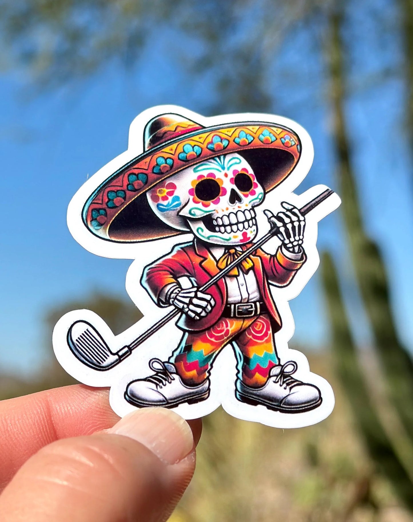 Day of the Dead Skeleton Golfing Sticker, Golfer, Golfing, Golf Club, Golf Sticker, Dia de Los Muertos, Skeleton, Golf Course, sticker, golf