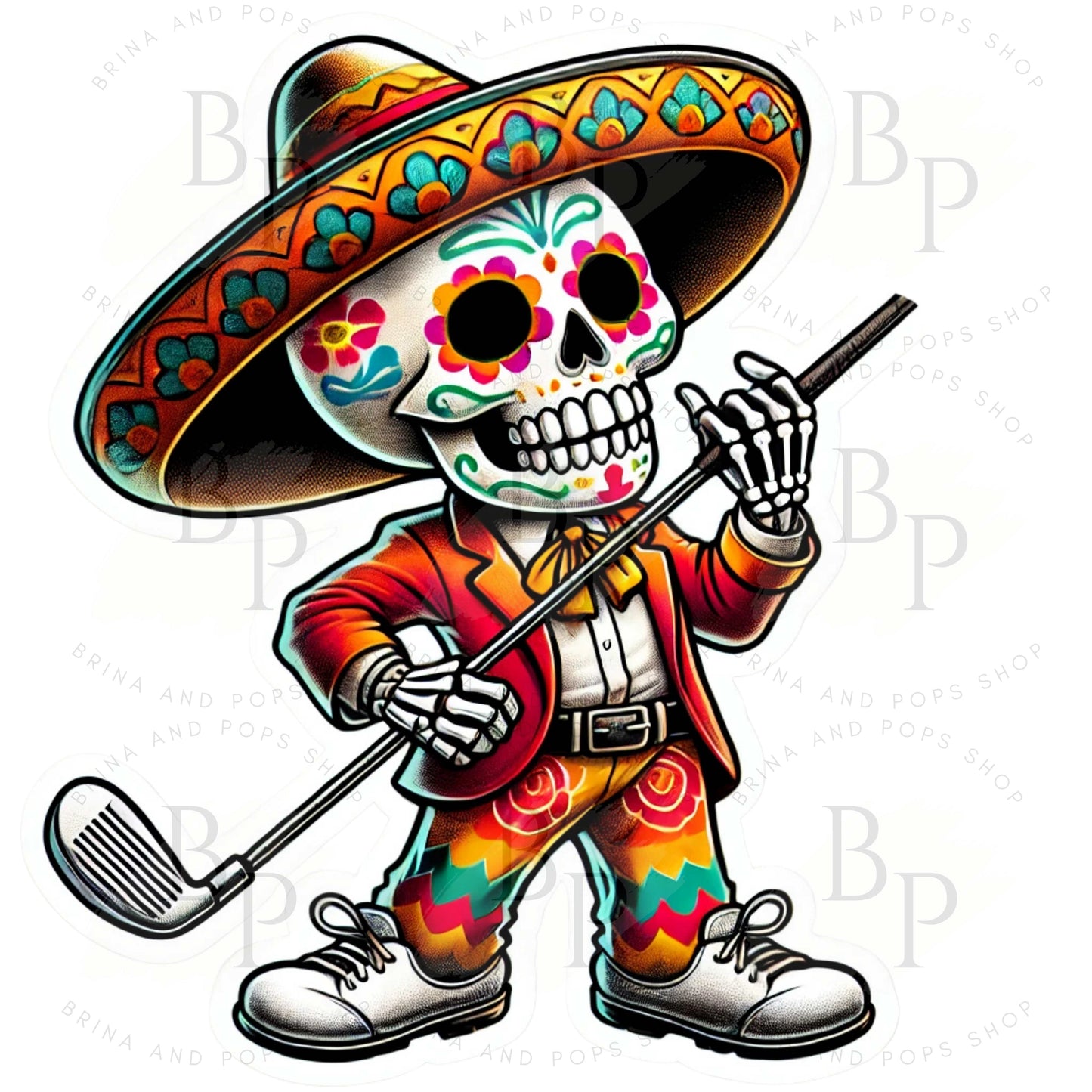 Day of the Dead Skeleton Golfing Sticker, Golfer, Golfing, Golf Club, Golf Sticker, Dia de Los Muertos, Skeleton, Golf Course, sticker, golf