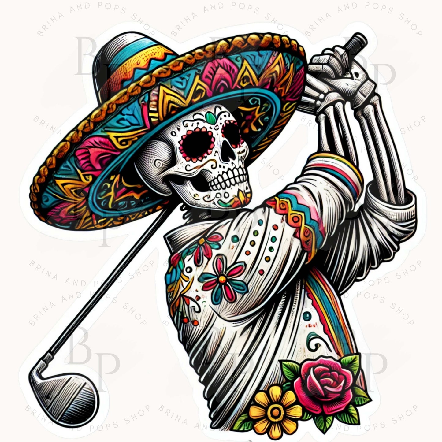 Day of the Dead Skeleton Golfing Sticker, Golfer, Golfing, Golf Club, Golf Sticker, Dia de Los Muertos, Skeleton, Golf Course, sticker, golf