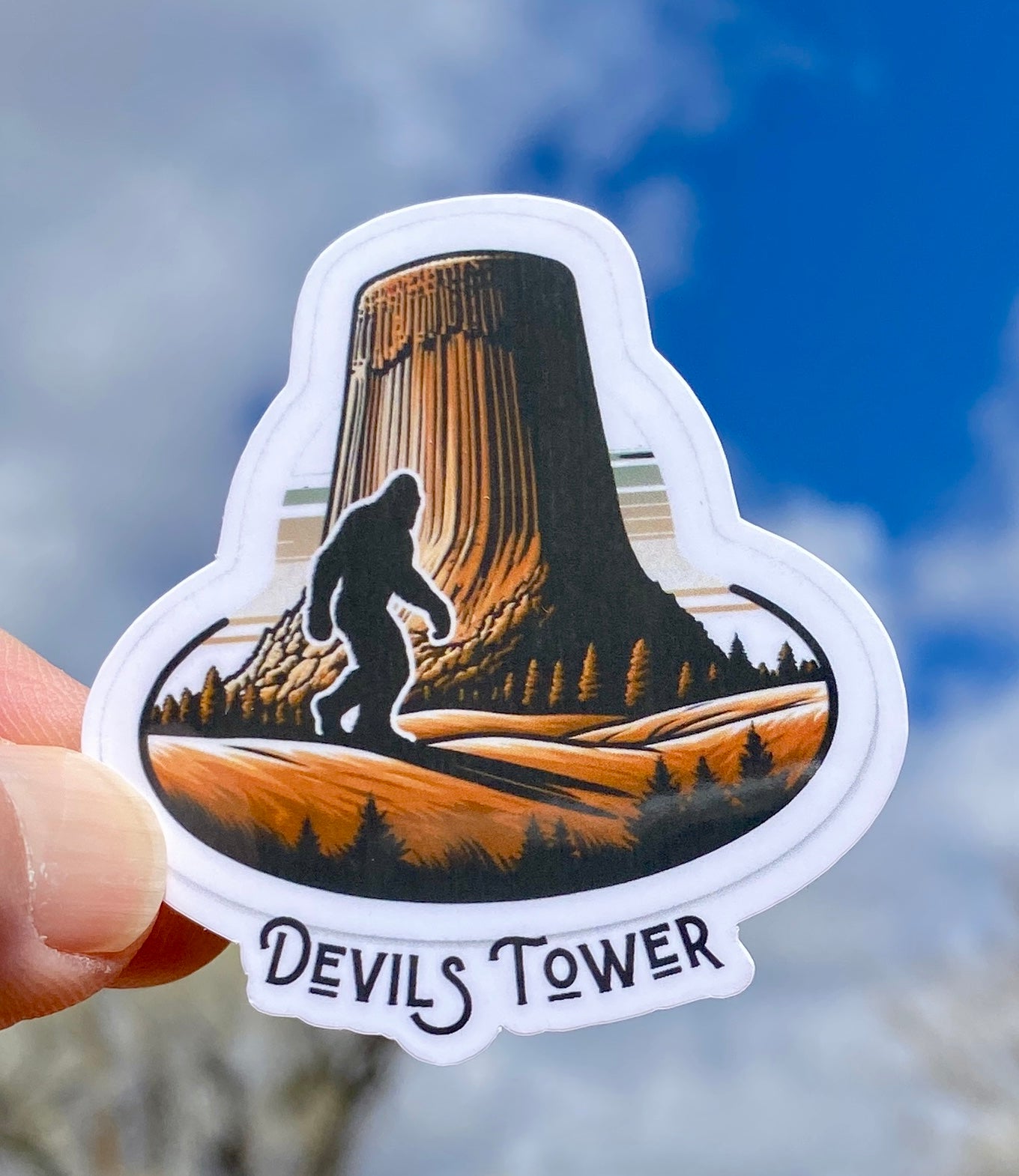 Bigfoot Hiking by Devils Tower Sticker, Devils Tower, Wyoming, Bigfoot, hiking, sticker, Bigfoot Wyoming, Hiking Adventure, Sasquatch, hike