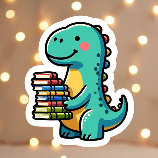 Dinosaurs carrying a stack of books Sticker, sticker, books, library, reading dinosaurs, dinos, bookworm, bibliophile, reading program,