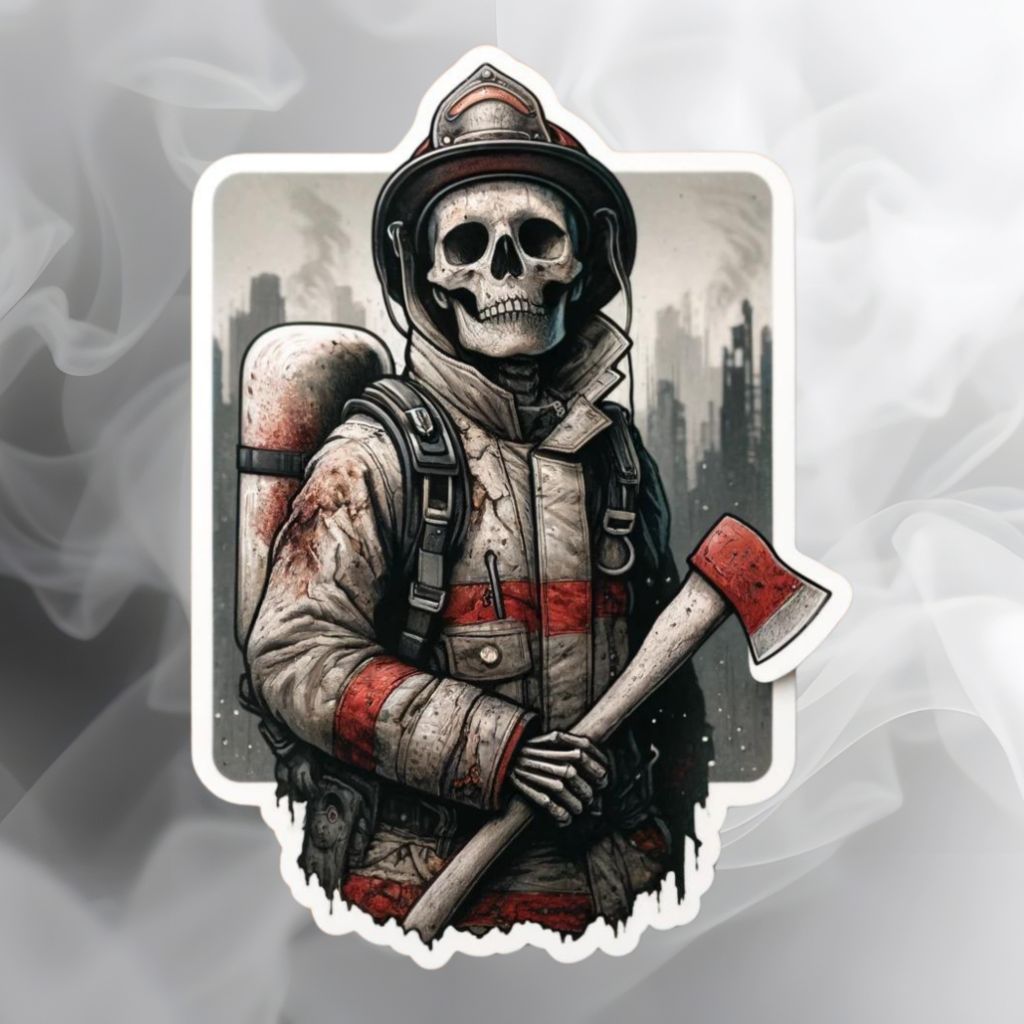 Dystopian Skeleton Firefighter Sticker, firefighter, bunker gear, fireman, hero, post apocalyptic, sticker, Dystopia, skeleton, end of world