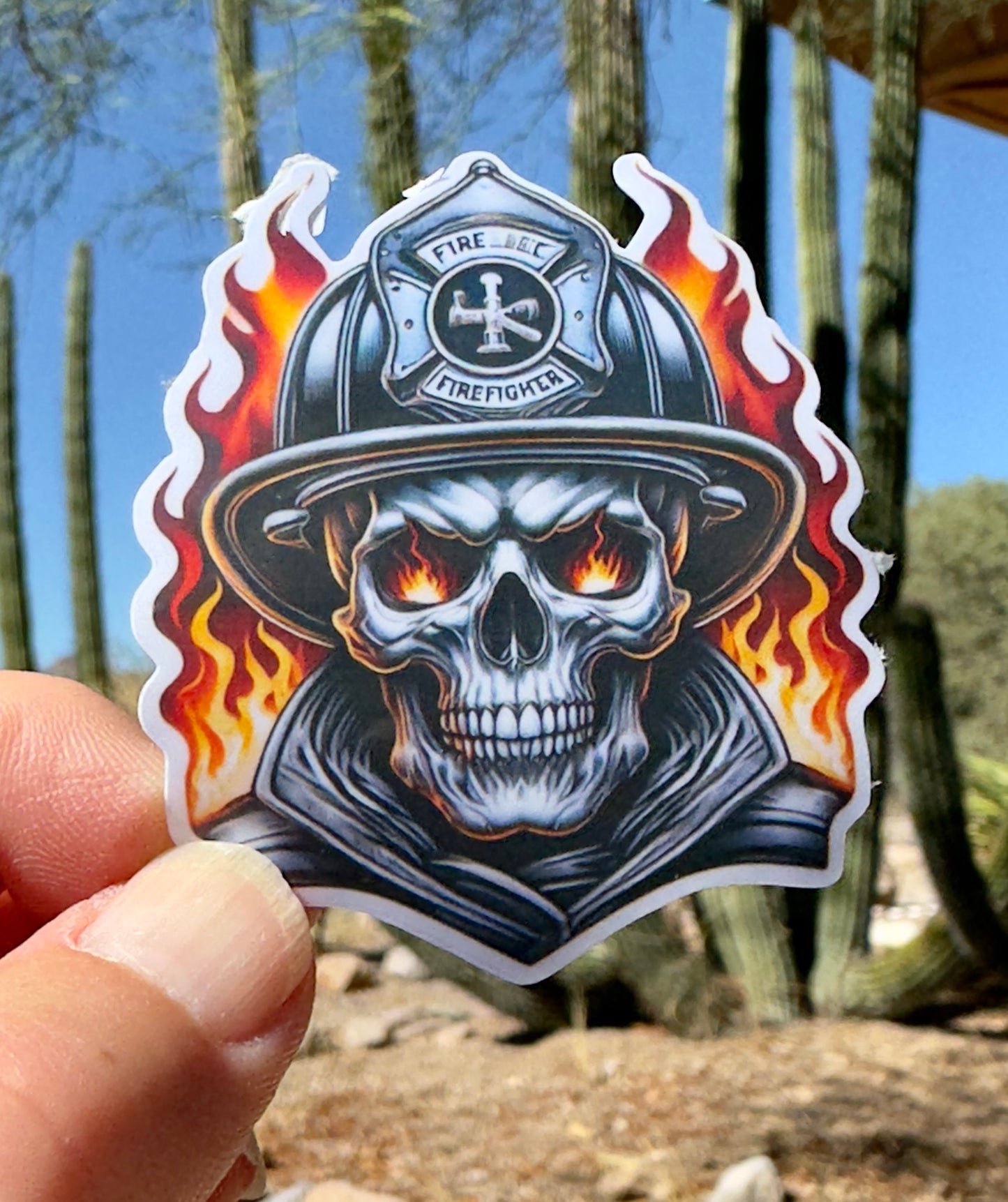 Skeleton Firefighter with flaming eyes Sticker, firefighter, bunker gear, fireman, fire department, smoke, skeleton, sticker, fire, flames