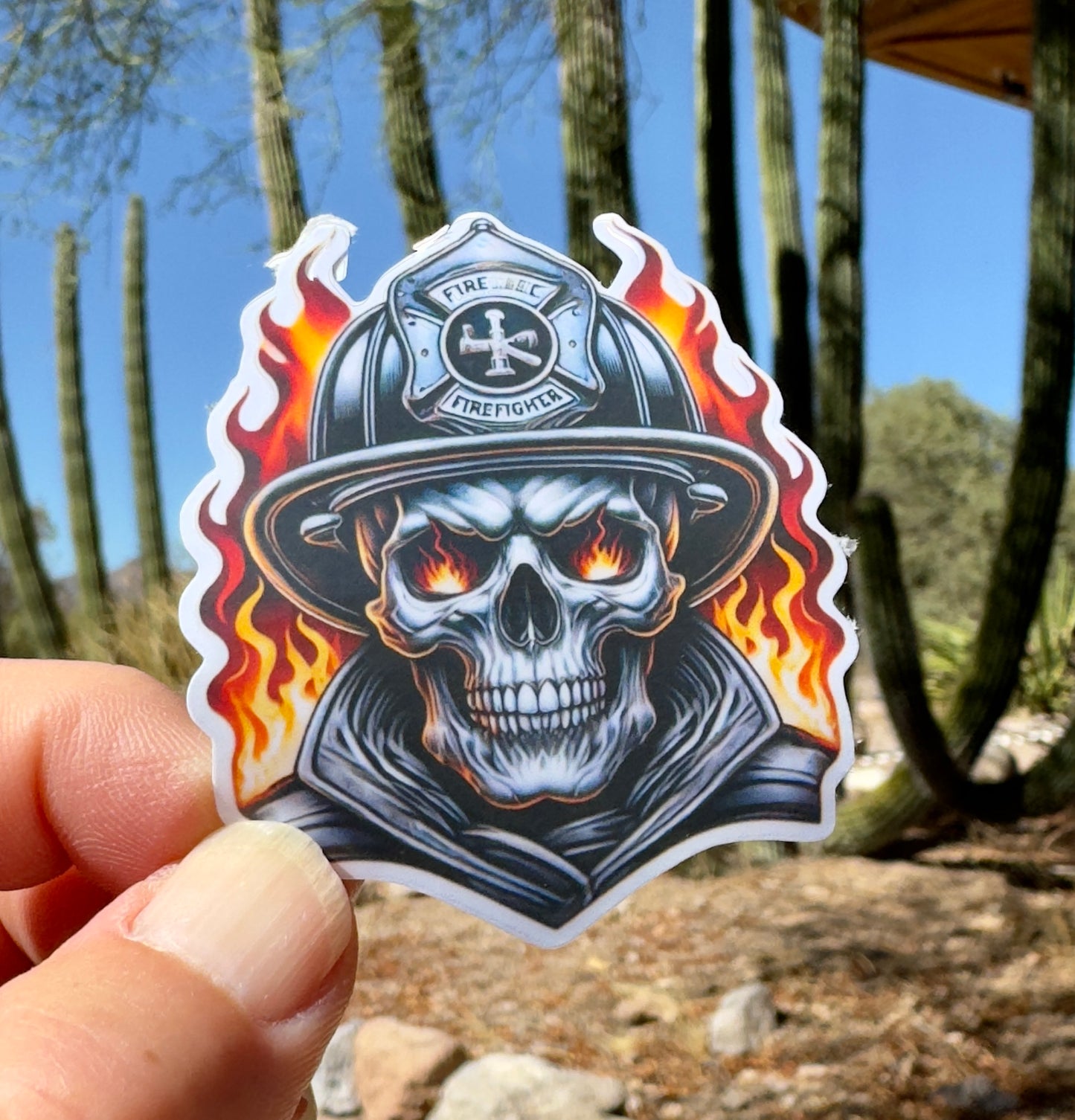 Skeleton Firefighter with flaming eyes Sticker, firefighter, bunker gear, fireman, fire department, smoke, skeleton, sticker, fire, flames