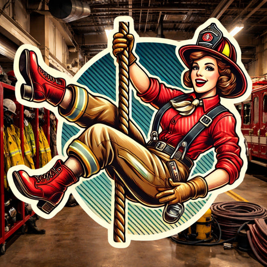 Female Firefighter Pin-up Sticker, firefighter, bunker gear, fire pole, pin-up model, fire department, firehouse, sticker, pin up, model