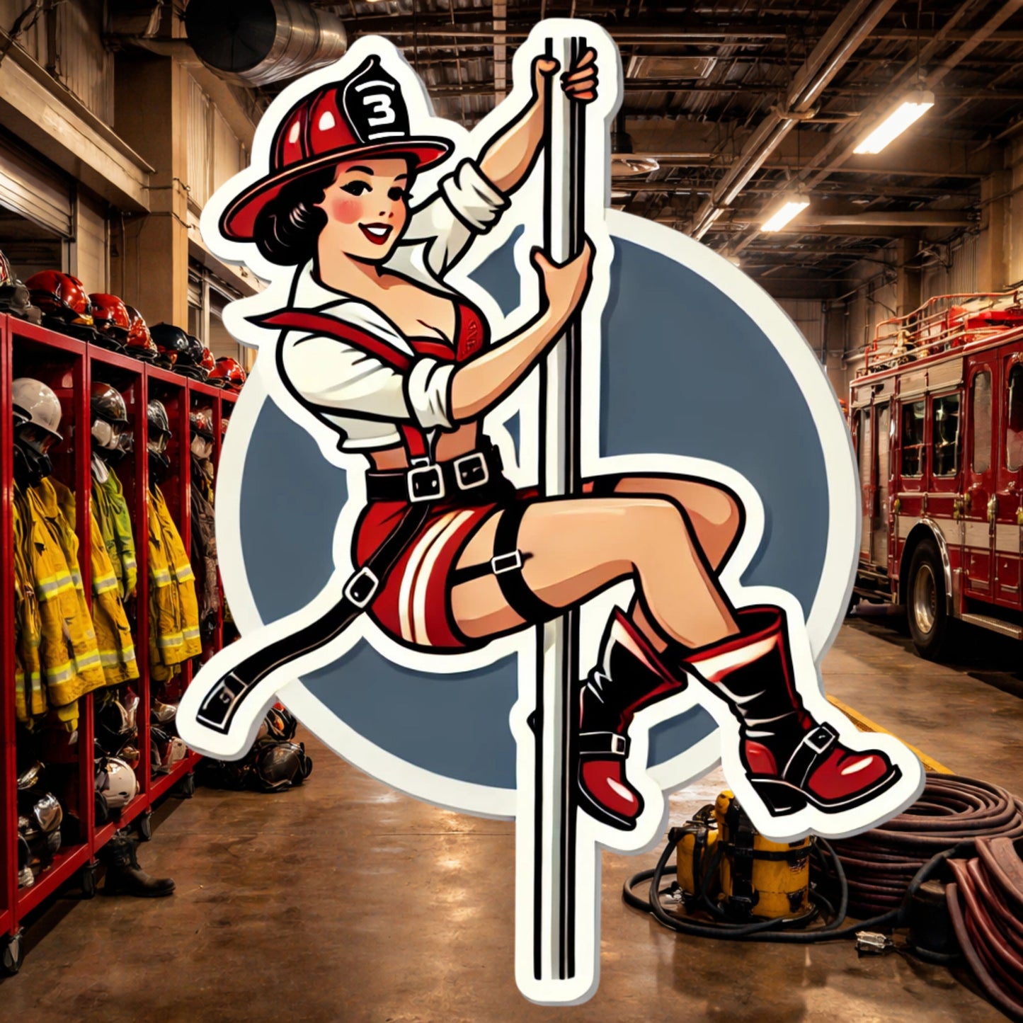Female Firefighter Pin-up Sticker, firefighter, bunker gear, fire pole, pin-up model, fire department, firehouse, sticker, pin up, model