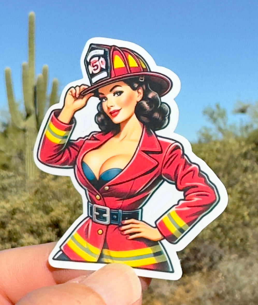 Firefighter Pin-up Sticker, firefighter, bunker gear, fireman, pin-up model, fire department, hero, firehouse, sticker, fire, hot, model,fun