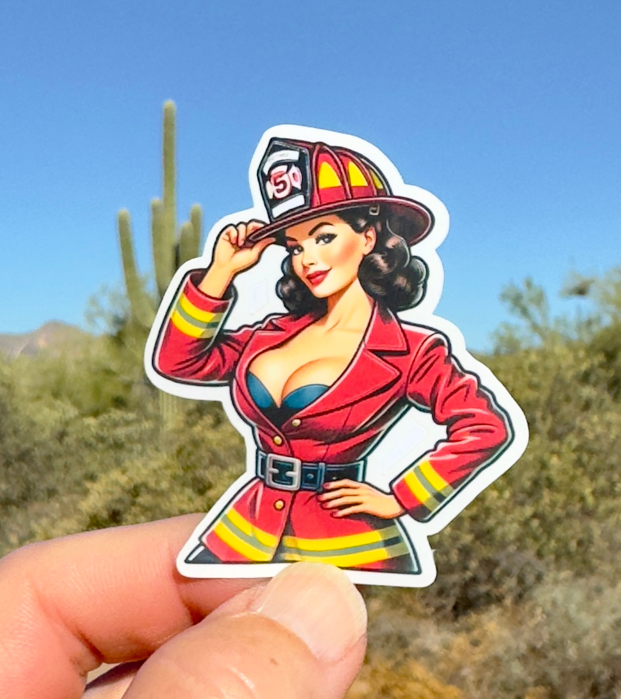 Firefighter Pin-up Sticker, firefighter, bunker gear, fireman, pin-up model, fire department, hero, firehouse, sticker, fire, hot, model,fun