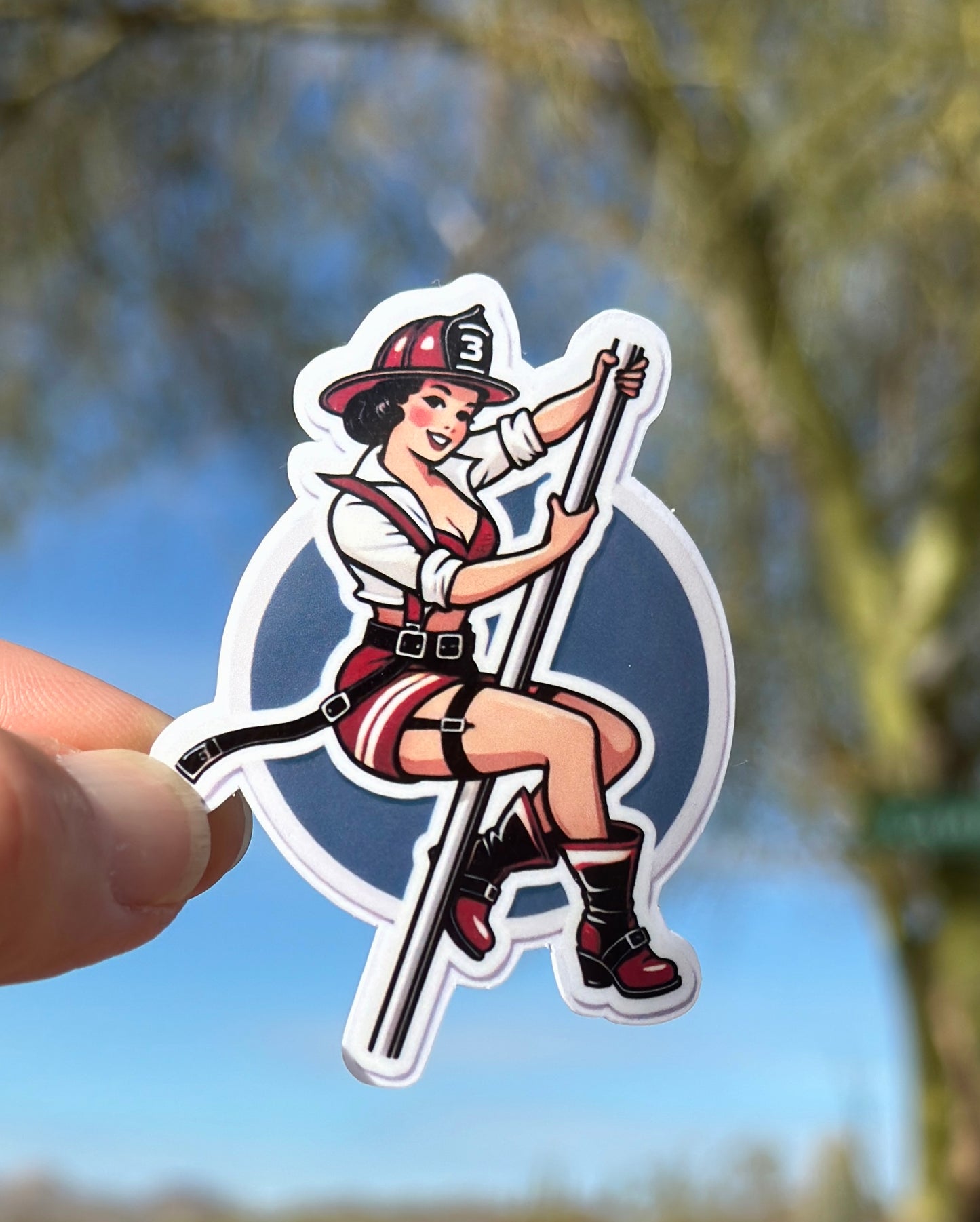 Female Firefighter Pin-up Sticker, firefighter, bunker gear, fire pole, pin-up model, fire department, firehouse, sticker, pin up, model