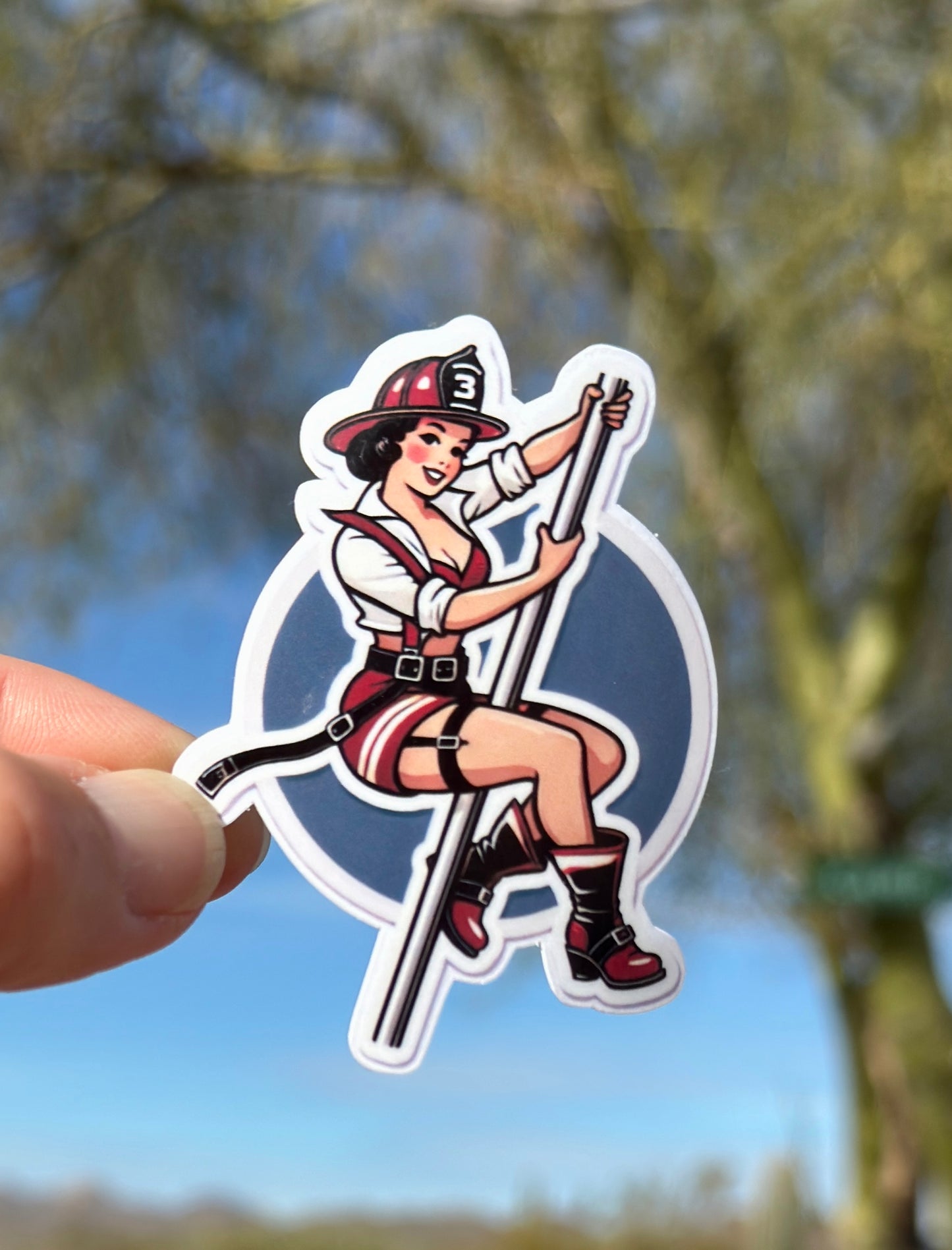 Female Firefighter Pin-up Sticker, firefighter, bunker gear, fire pole, pin-up model, fire department, firehouse, sticker, pin up, model