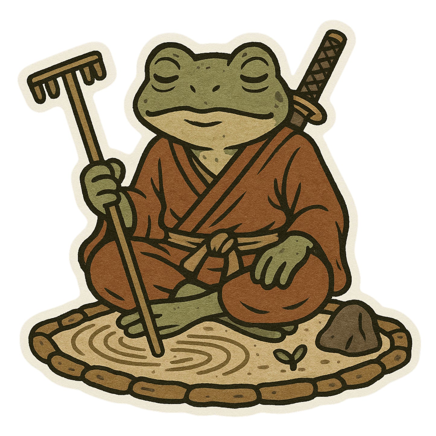 Zen Frog Warrior Sticker, Frog, Zen, Zen garden, sticker, decal, amphibian, military, katana, peaceful protector, warrior, meditate, peace