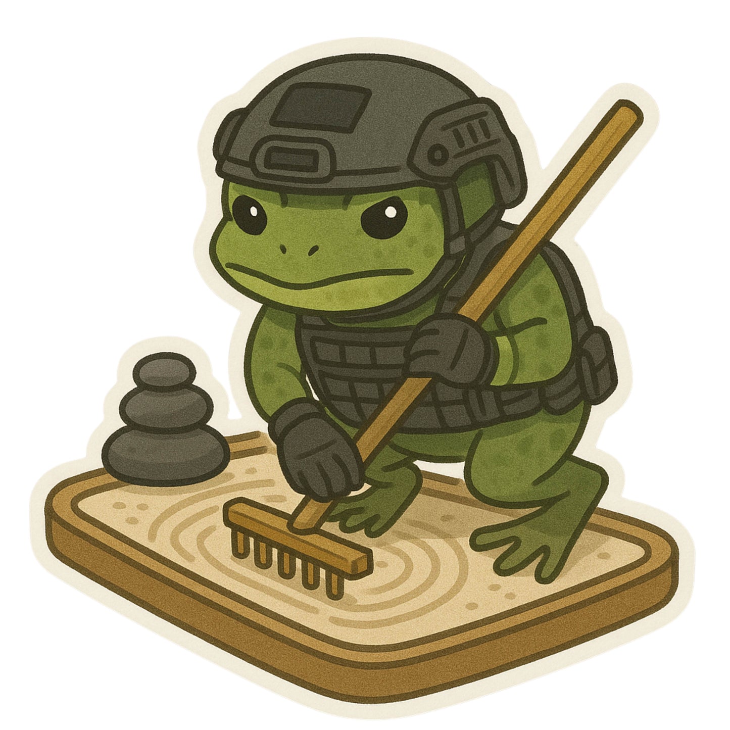 Zen Frog Warrior Sticker, Frog, Zen, Zen garden, sticker, decal, amphibian, military, katana, peaceful protector, warrior, meditate, peace