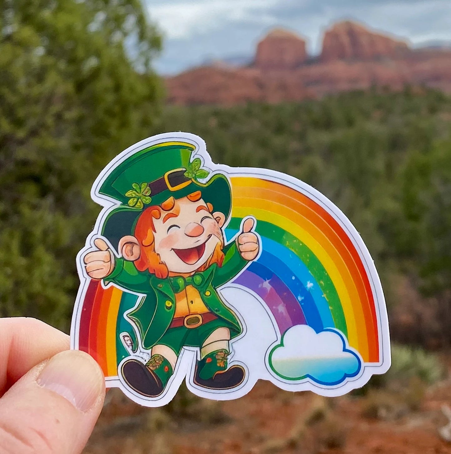 Happy Leprechaun and Rainbow Sticker, Rainbow, Leprechaun, Lucky, Happy, Lucky Charm, Cheerful, Green, Sticker, AI generated, decal, funny