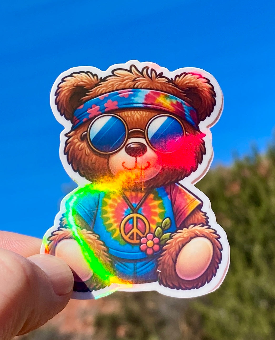 Holographic Hippie Teddy Bear Sticker, sticker, tie-dyed, teddy bear, colorful bear, animal sticker,peace, retro, hippie, holographic,groovy