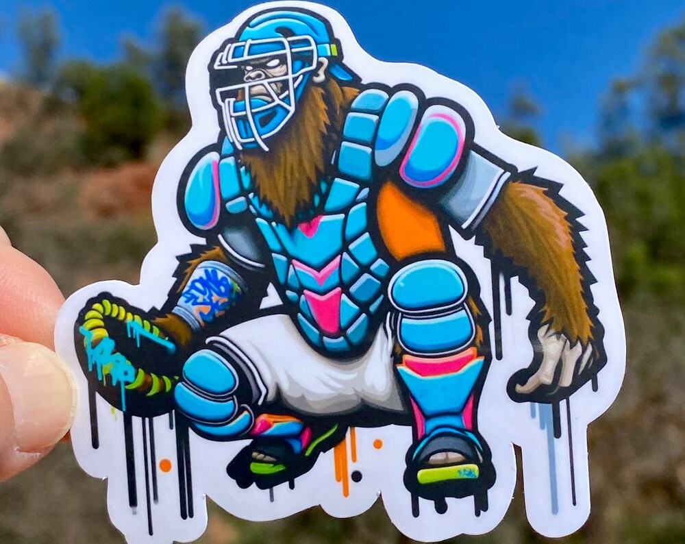 Bigfoot Baseball Catcher Sticker, Catcher, Baseball, Catchers mitt, Bigfoot, little league, sticker, play ball, Sports Sticker,catchers mask