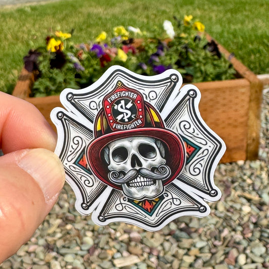 Maltese Cross Skeleton Firefighter Sticker, firefighter, fireman, ax, fire department, firehouse, sticker,decal,Maltese cross