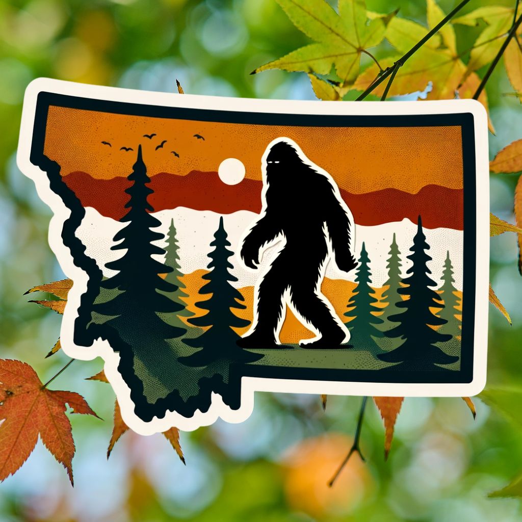 Bigfoot Hiking in Silhouette of Montana Sticker, Montana, Bigfoot, hiking, sticker, Yellowstone, Hiking Adventure, Sasquatch, Travel, Hike